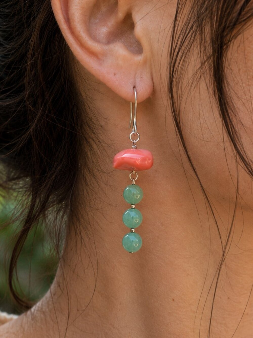 Green Aventurine & Pink Czech Glass Dangle Earrings, Stainless Steel Hooks
